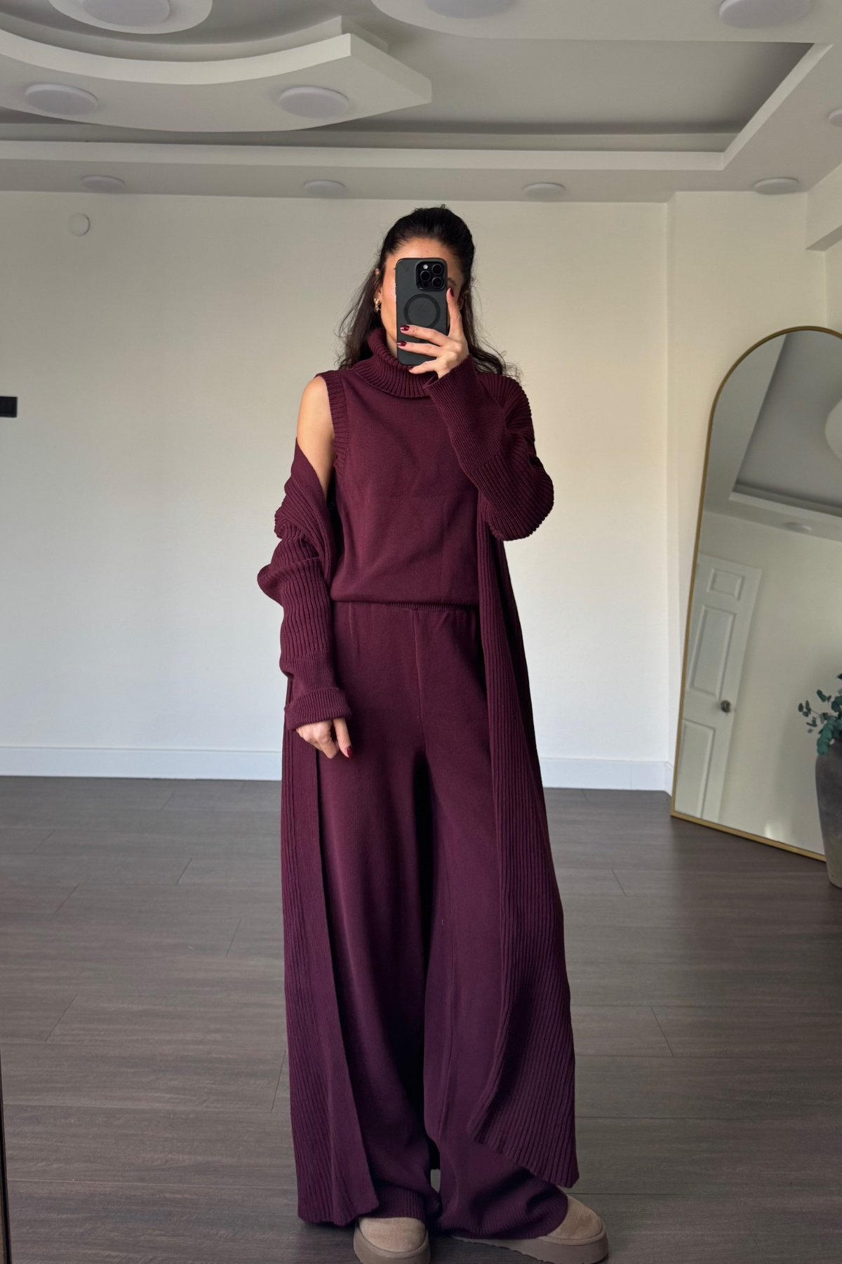 Boğazlı Hırkalı 3'lü Triko Takım-Bordo