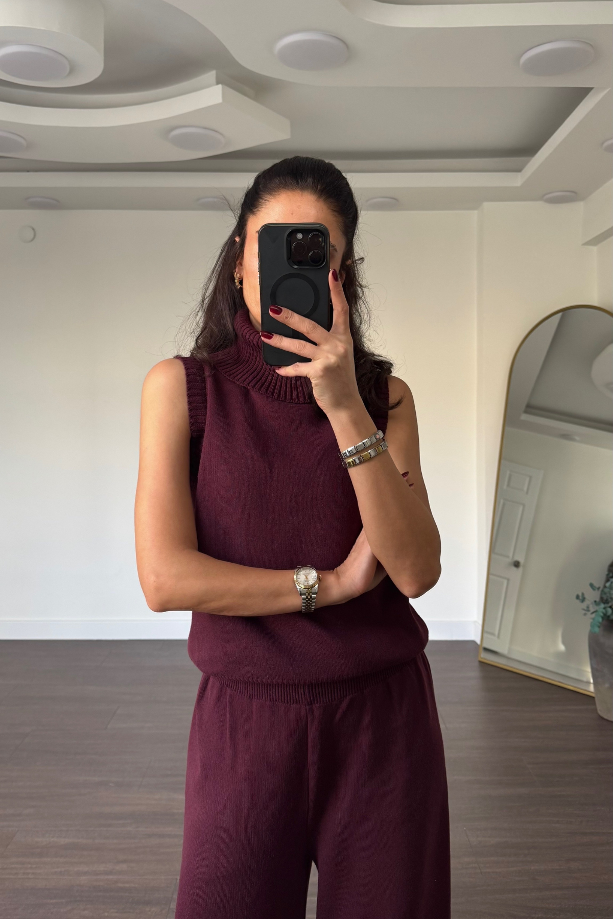 Boğazlı Hırkalı 3'lü Triko Takım-Bordo