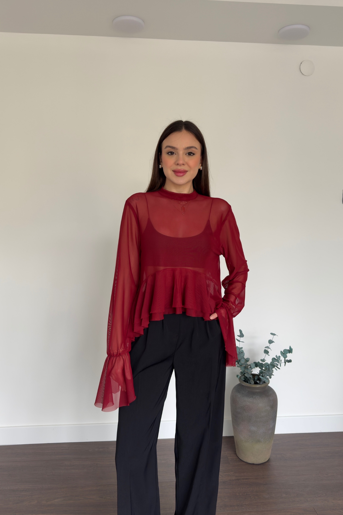 Bordo Fırfır Detaylı Tül Bluz