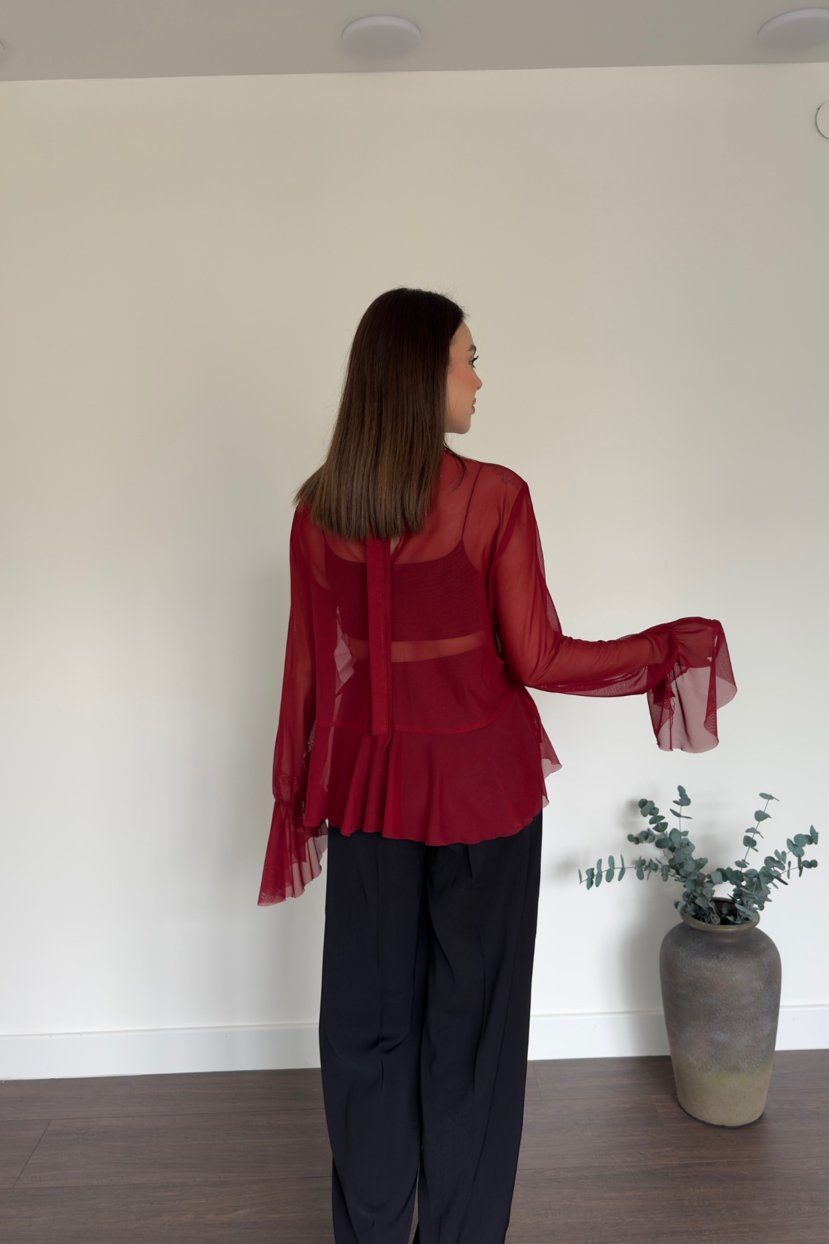 Bordo Fırfır Detaylı Tül Bluz