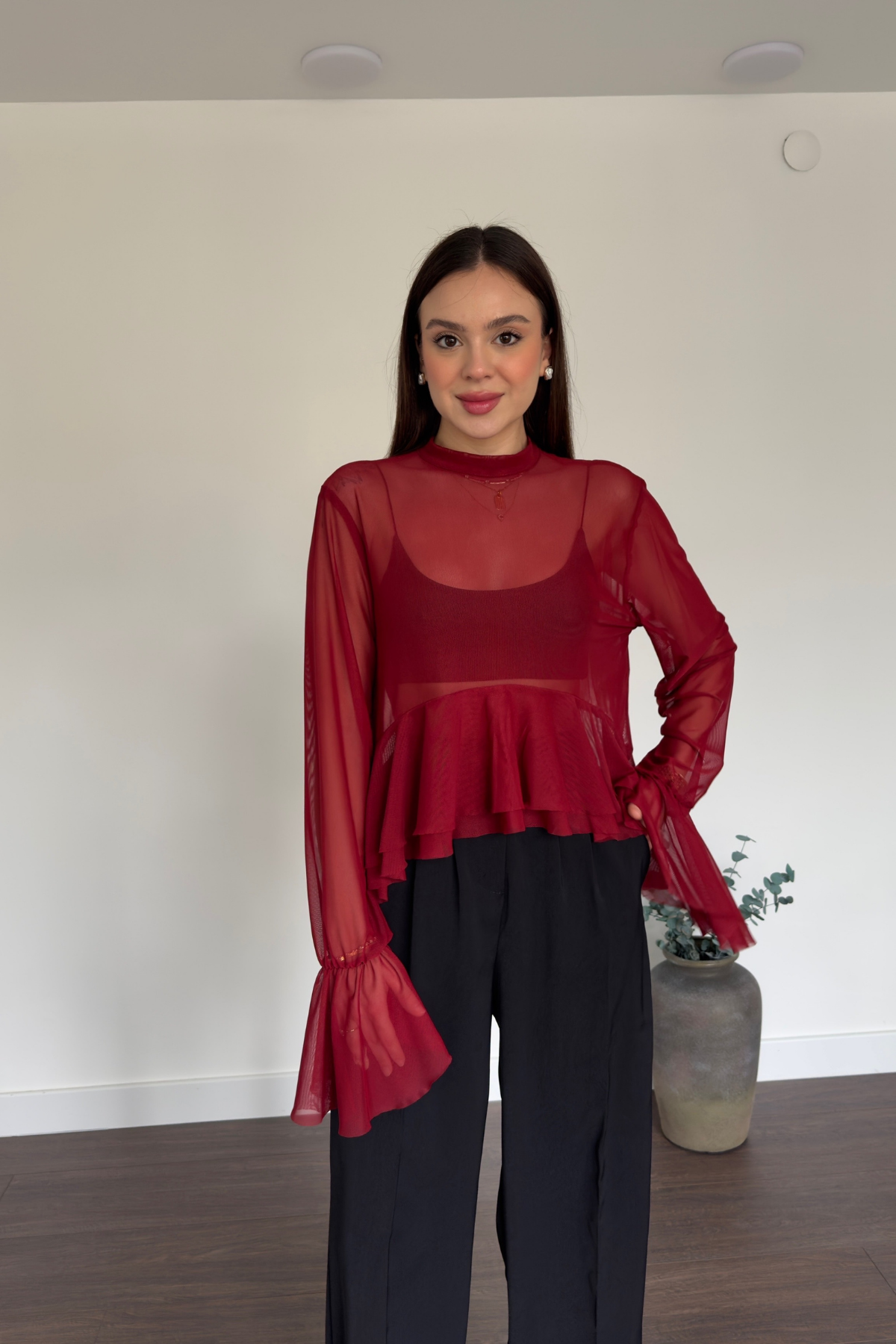 Bordo Fırfır Detaylı Tül Bluz