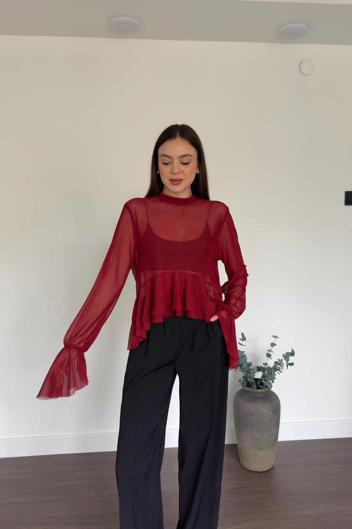 Bordo Fırfır Detaylı Tül Bluz