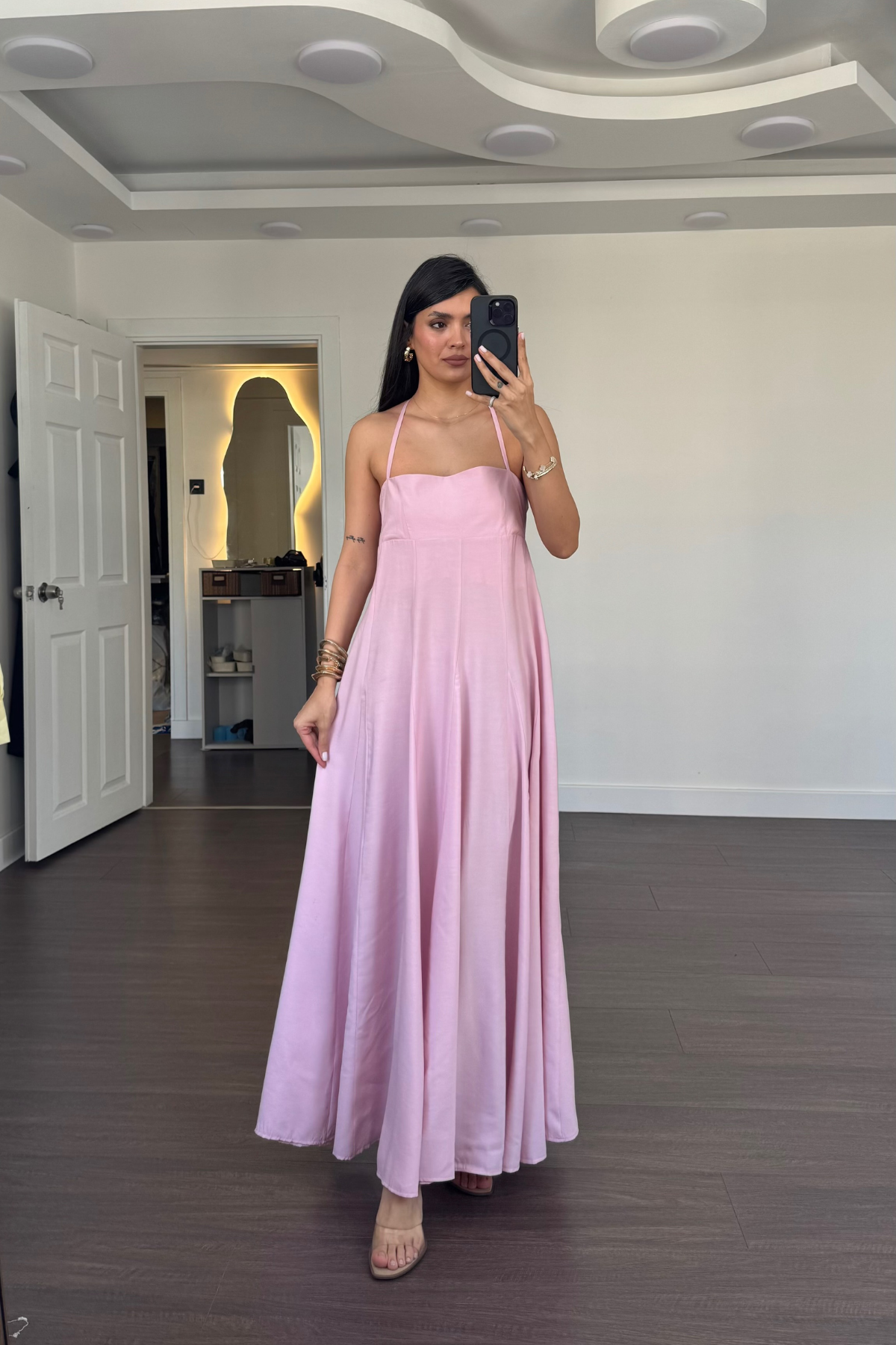 Boyundan Bağlamalı Straplez  Elbise-Pembe