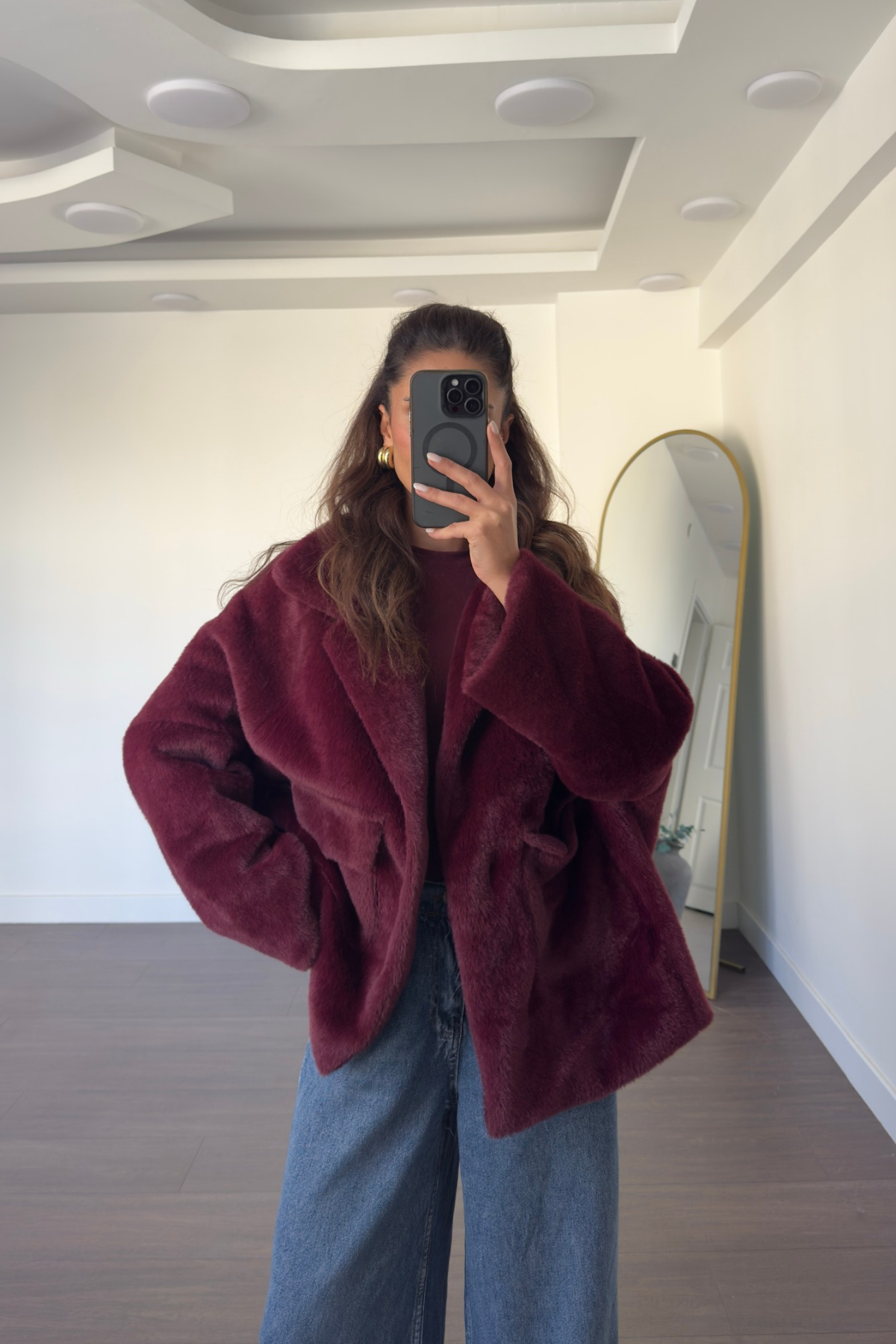 Cep Detaylı Peluş Ceket-Bordo