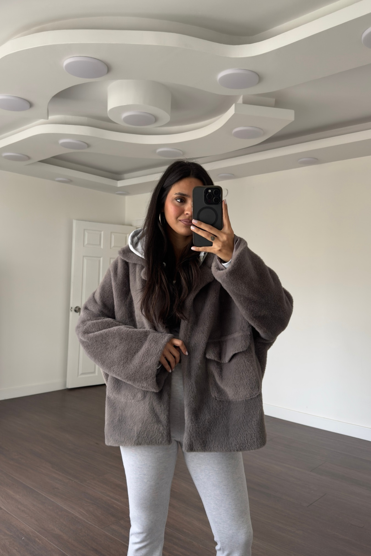 Cep Detaylı Peluş Ceket-Gri