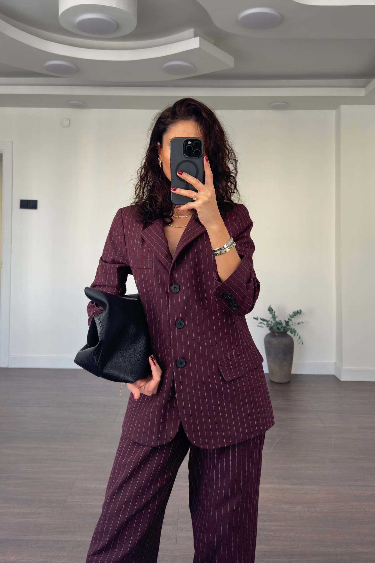 Çizgi Desenli Pantolon Takım-Bordo