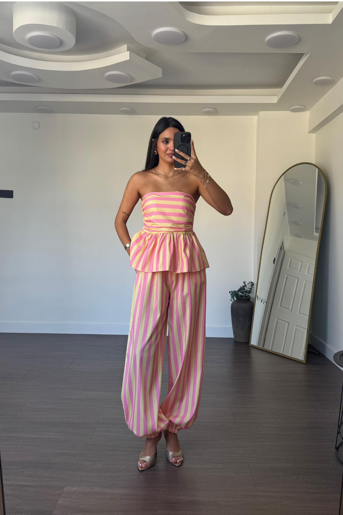 Çizgi Desenli Straplez Takım-Pembe