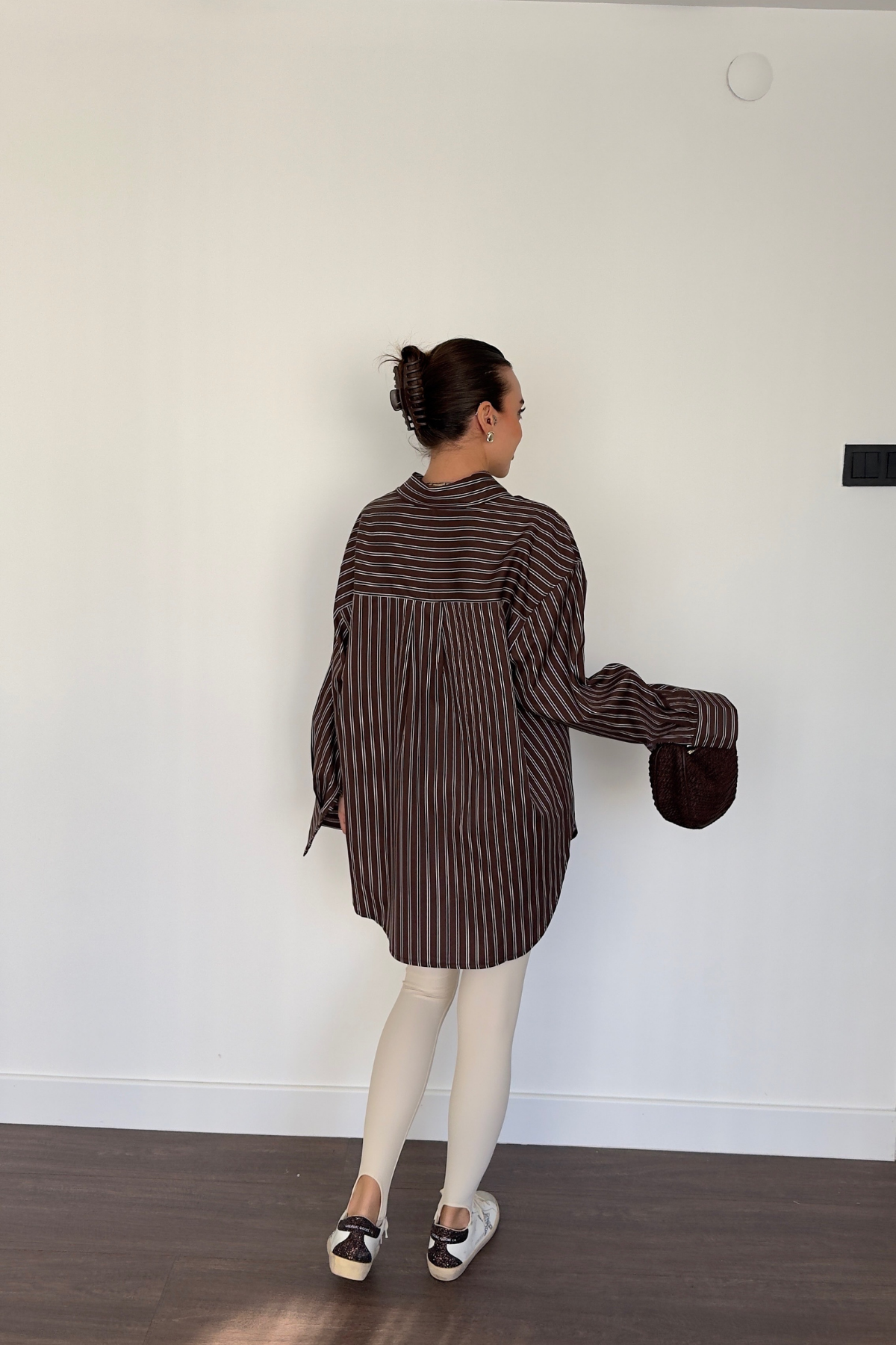 Çizgii Desenli Oversize Gömlek-Kahve