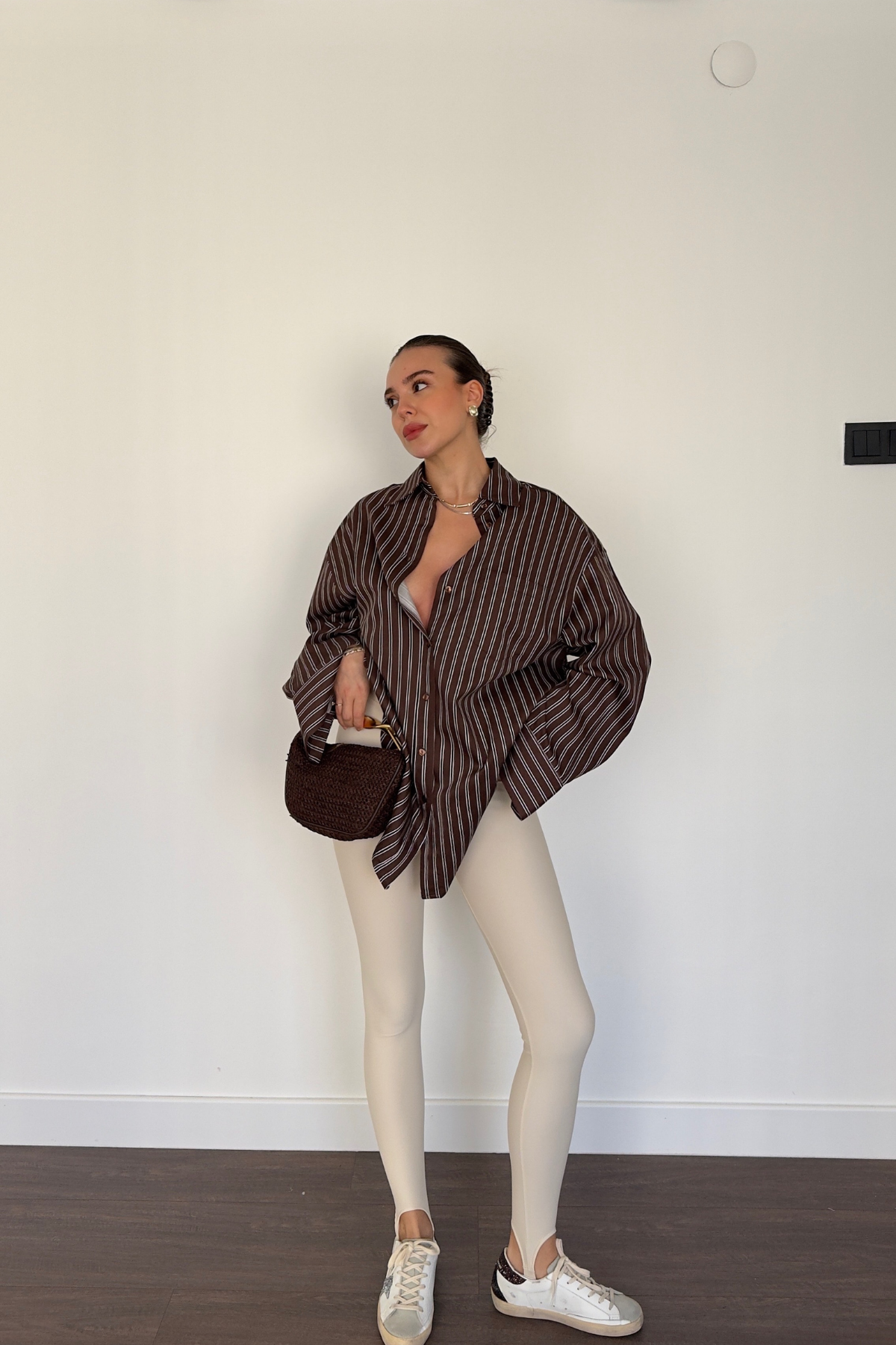 Çizgii Desenli Oversize Gömlek-Kahve