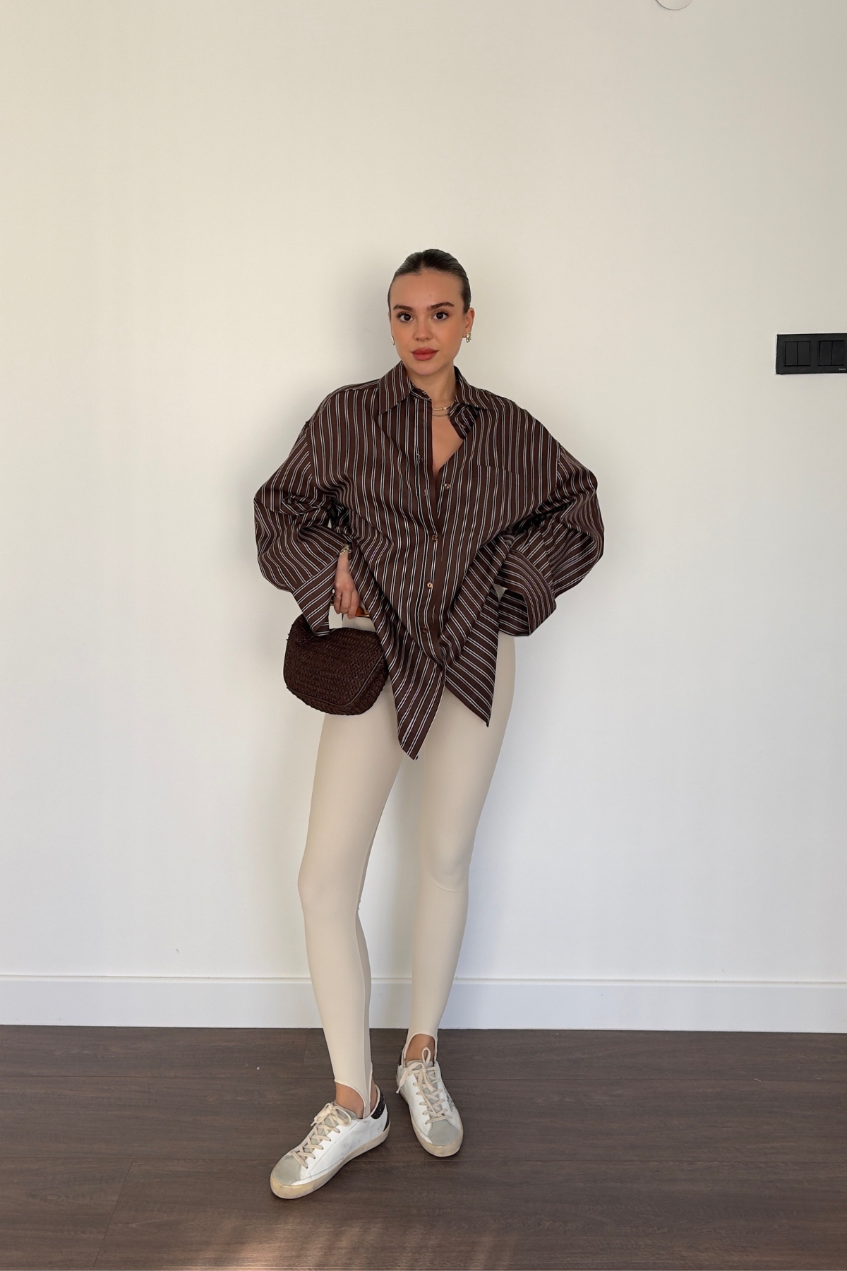 Çizgii Desenli Oversize Gömlek-Kahve