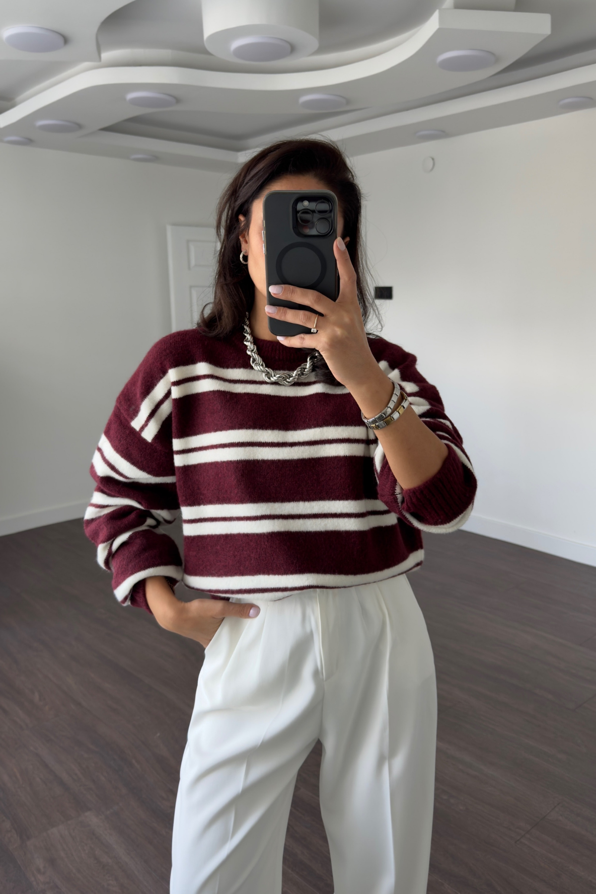 Çizgili Oversize Yumuşak Dokulu Kazak-Bordo