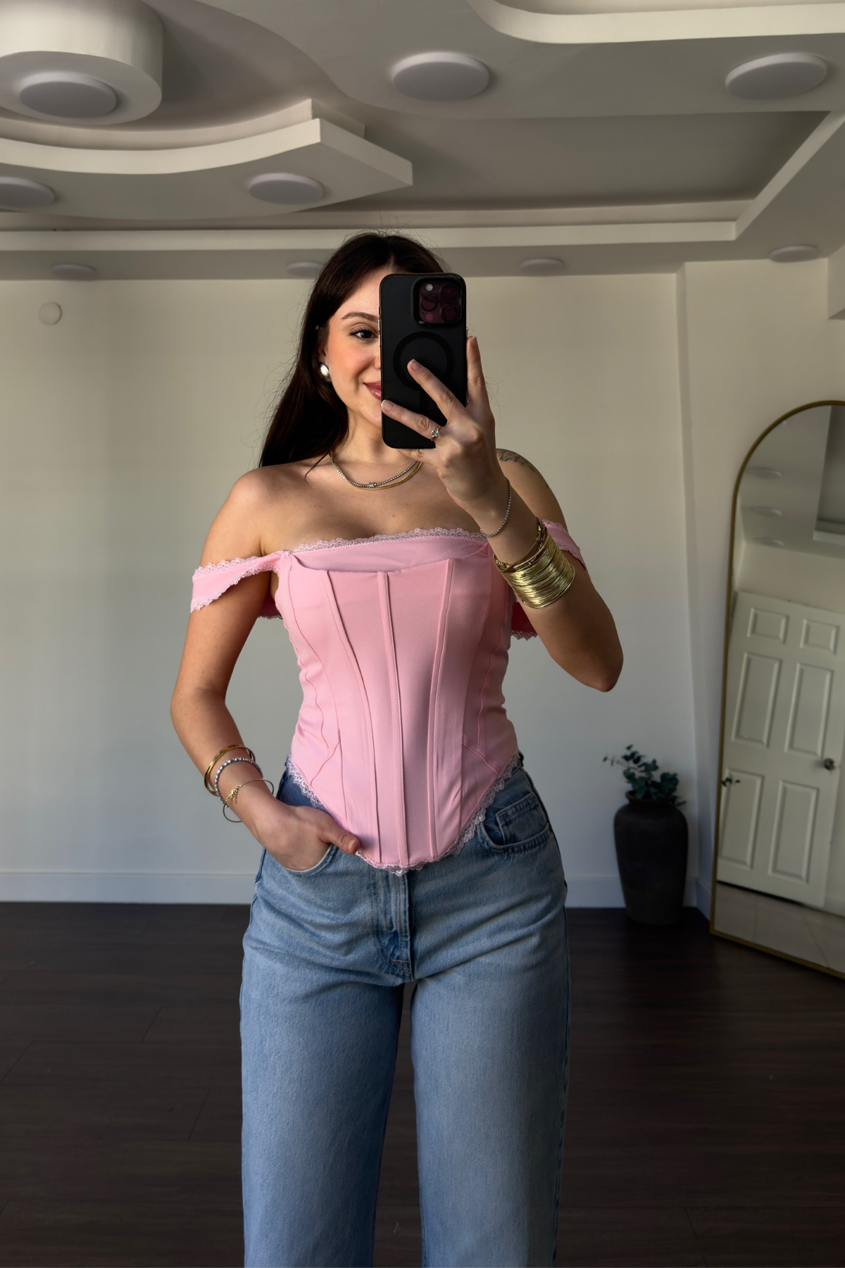 Dantel Detaylı Büstiyer-Pembe