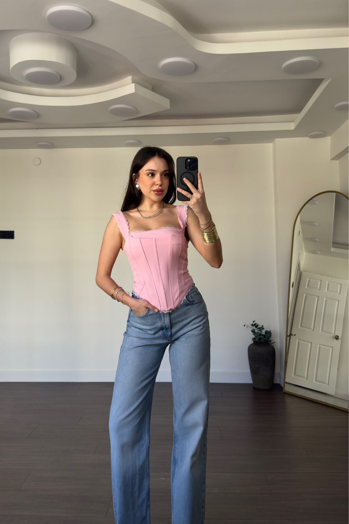 Dantel Detaylı Büstiyer-Pembe