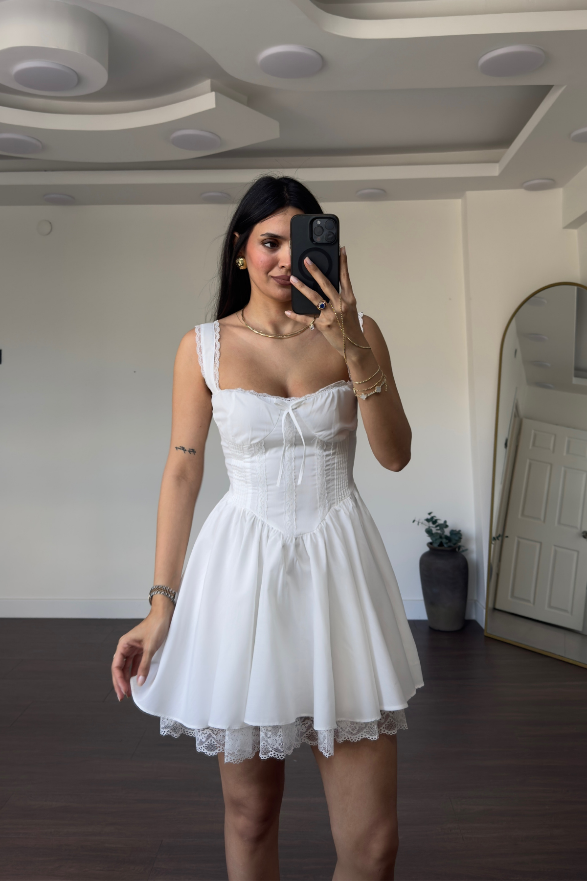 Dantel Detaylı Elbise-Beyaz