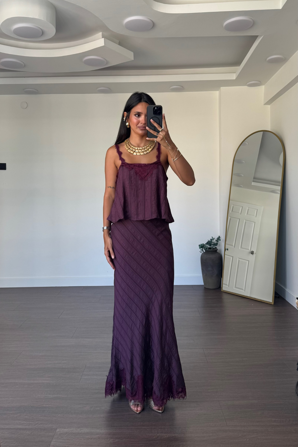 Dantel Detaylı Etek Bluz Takım-Bordo