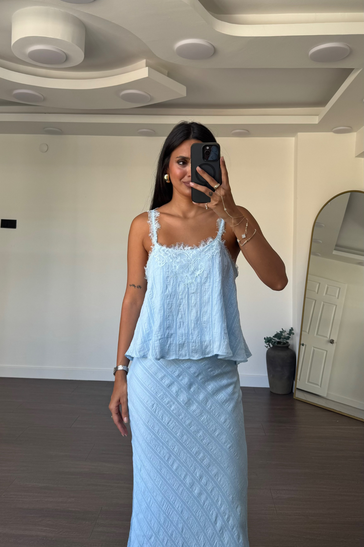 Dantel Detaylı Etek Bluz Takım-Mavi