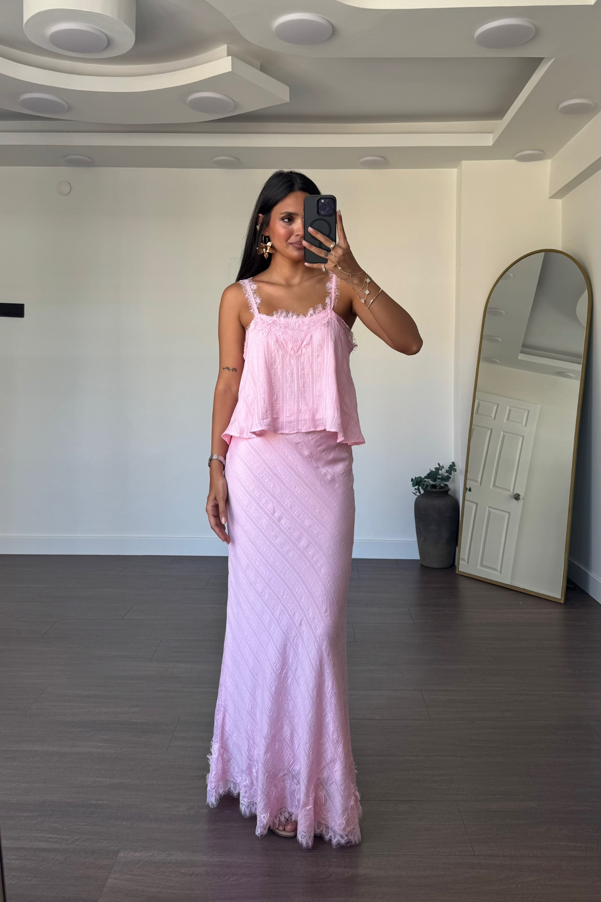 Dantel Detaylı Etek Bluz Takım-Pembe