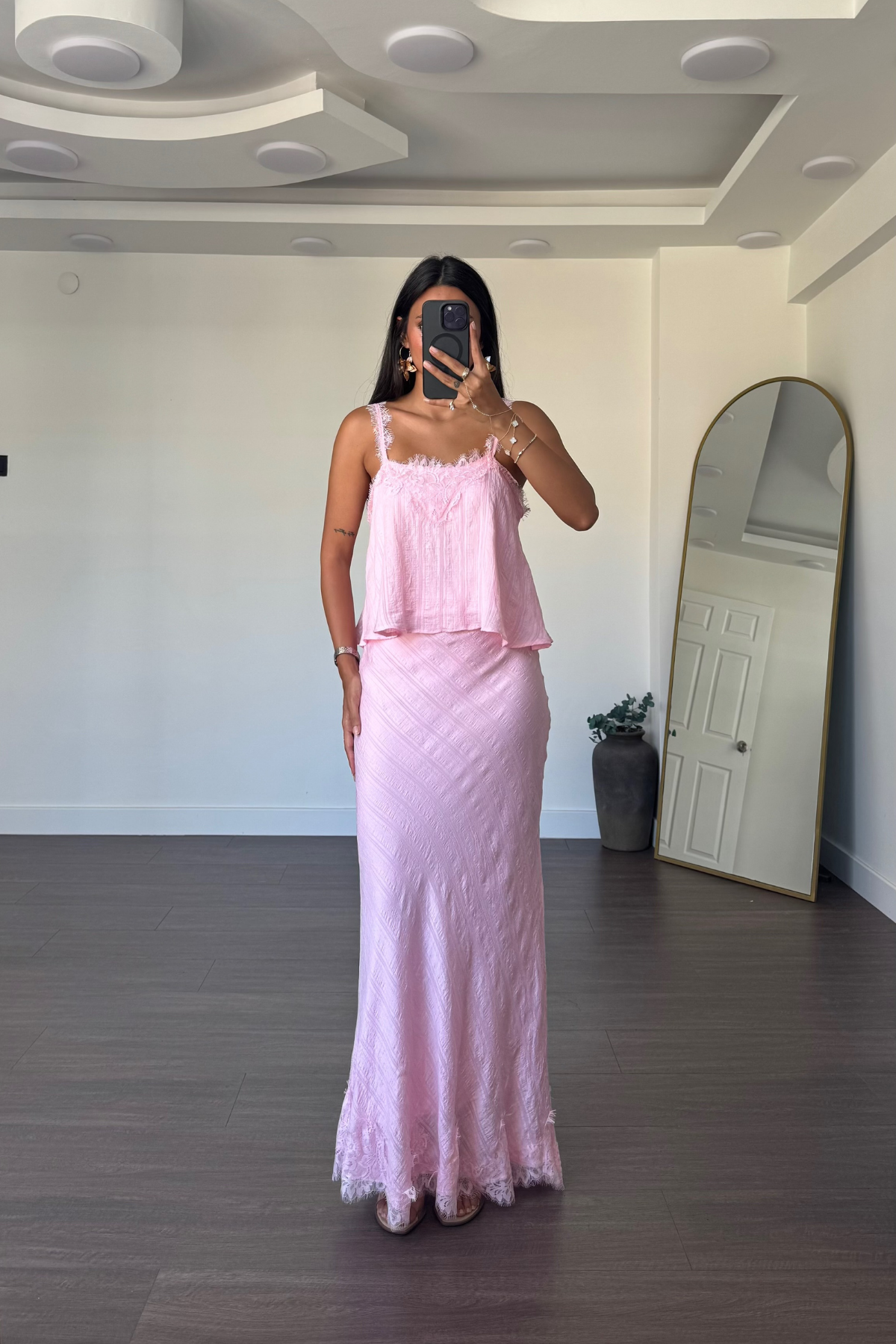 Dantel Detaylı Etek Bluz Takım-Pembe