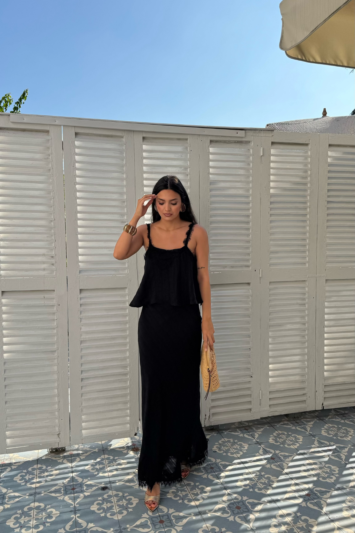 Dantel Detaylı Etek Bluz Takım-Siyah