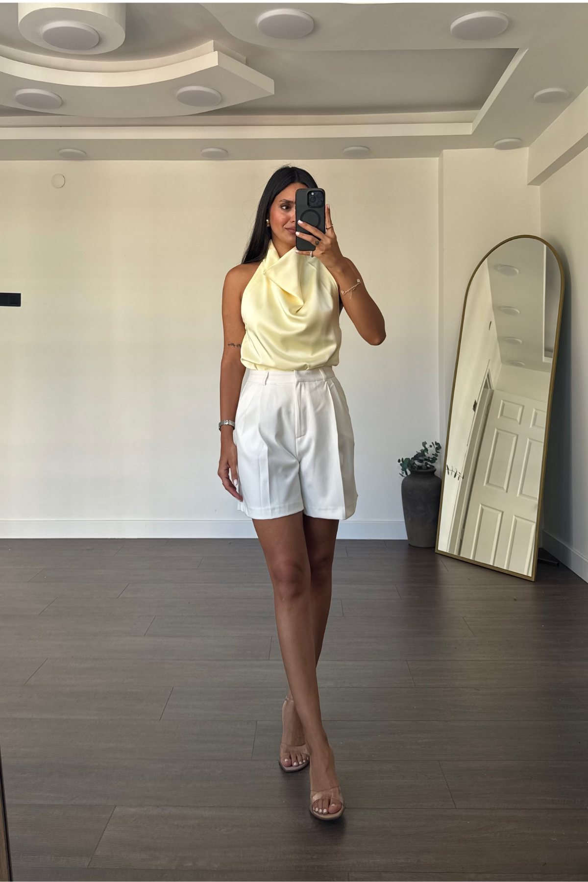 Degaje Yaka Saten Bluz-Sarı