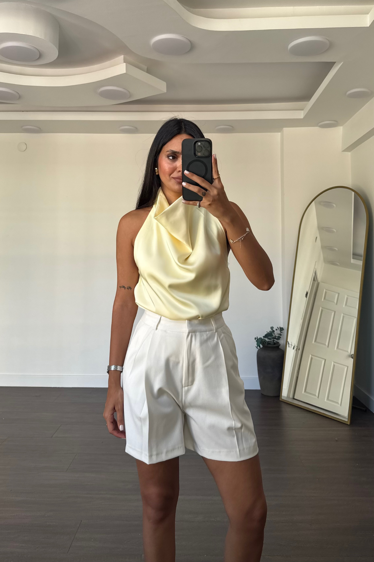 Degaje Yaka Saten Bluz-Sarı