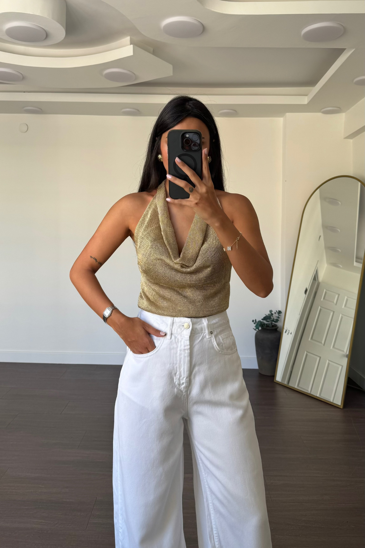 Degaje Yaka Simli Bluz-Gold
