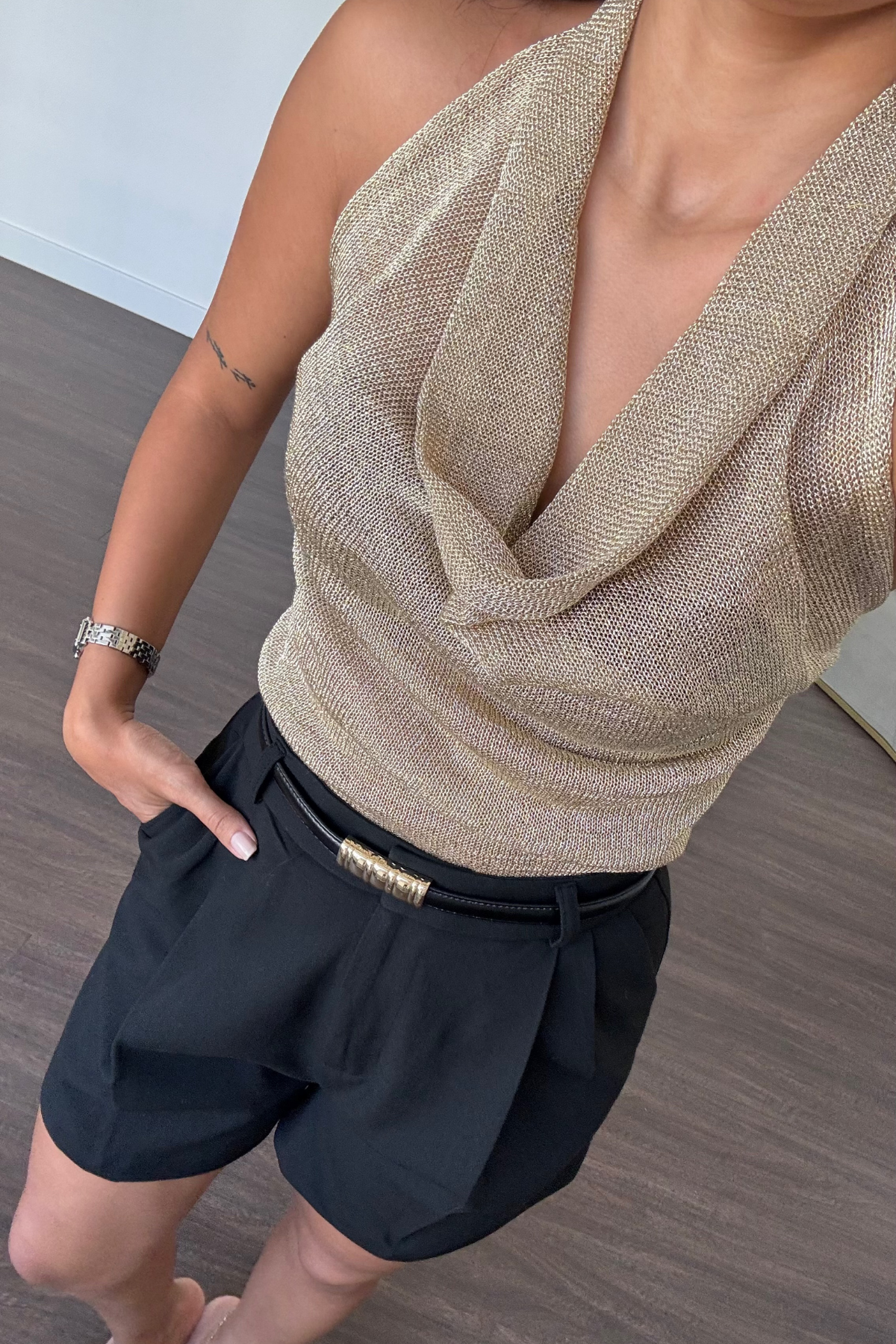 Degaje Yaka Simli Bluz-Gold
