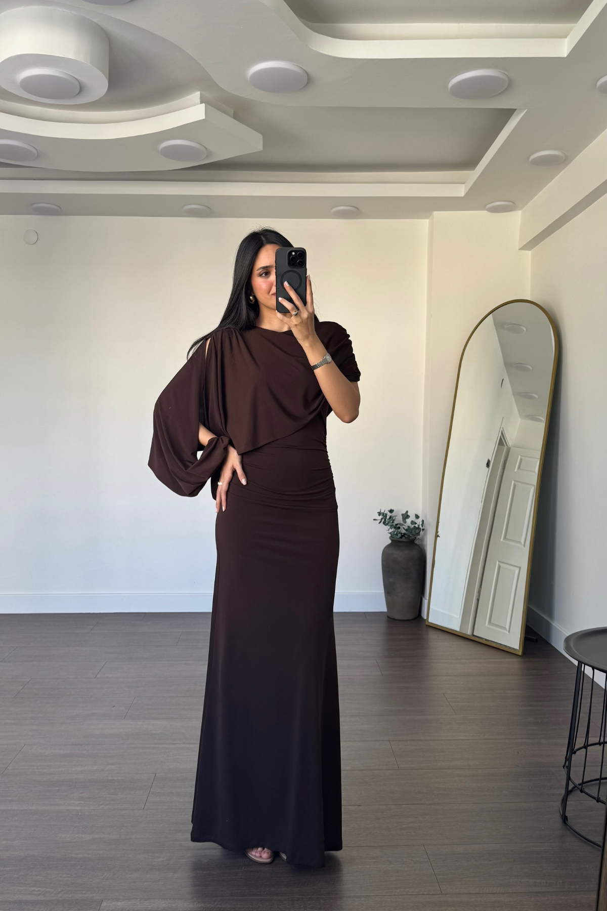 Dekolte Kol Elbise-Kahve