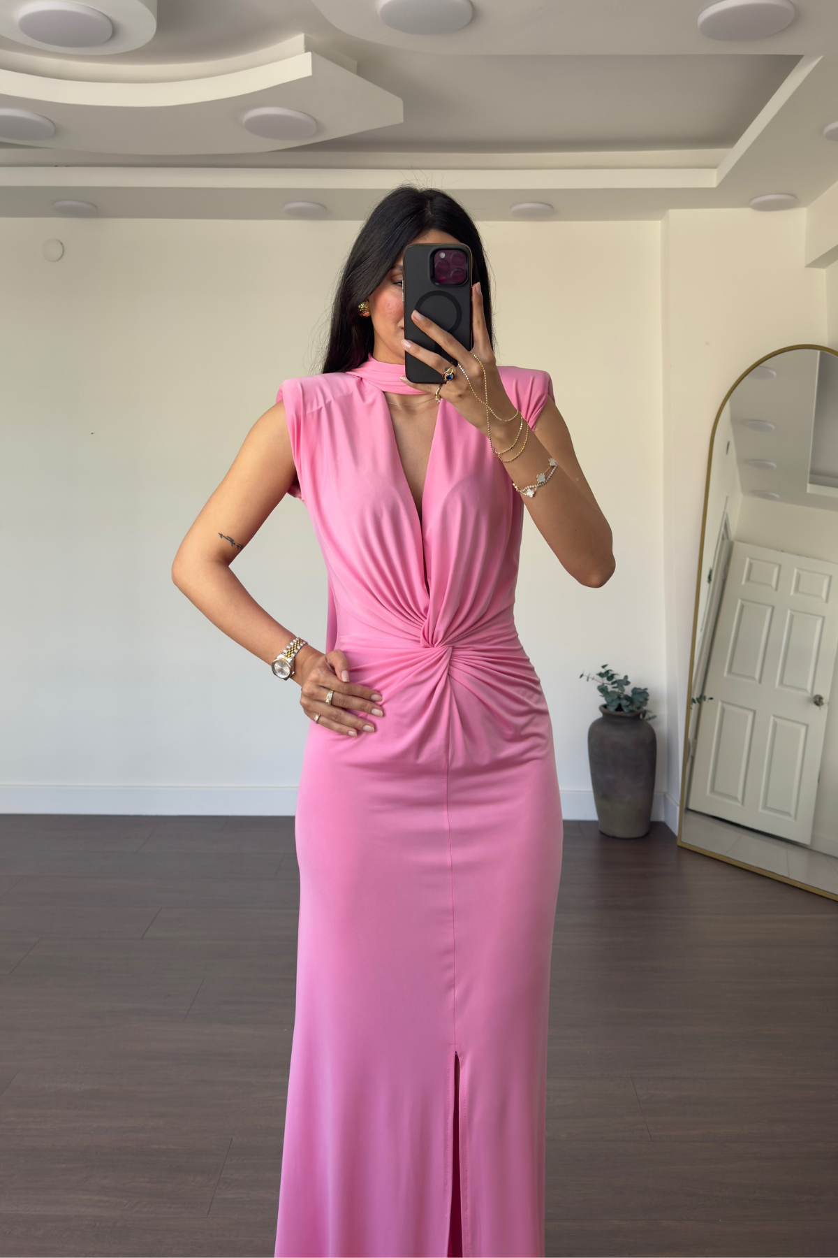 Dekolteli Bağlamalı Yaka Elbise-Pembe