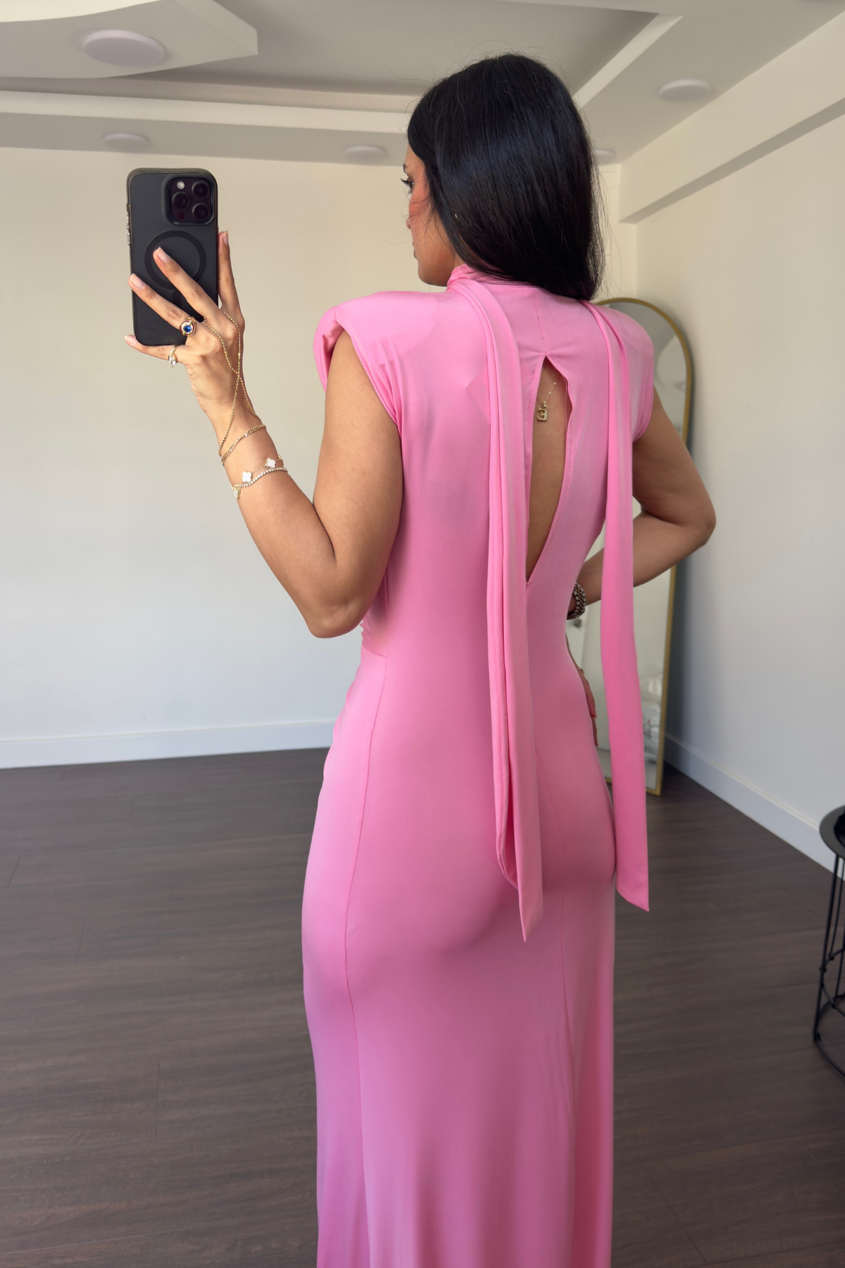 Dekolteli Bağlamalı Yaka Elbise-Pembe