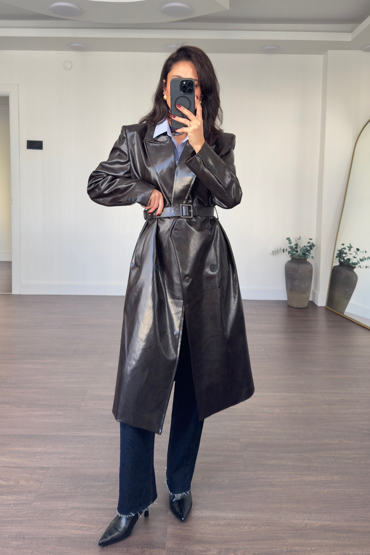 Deri Parlak Trençkot-Acı Kahve