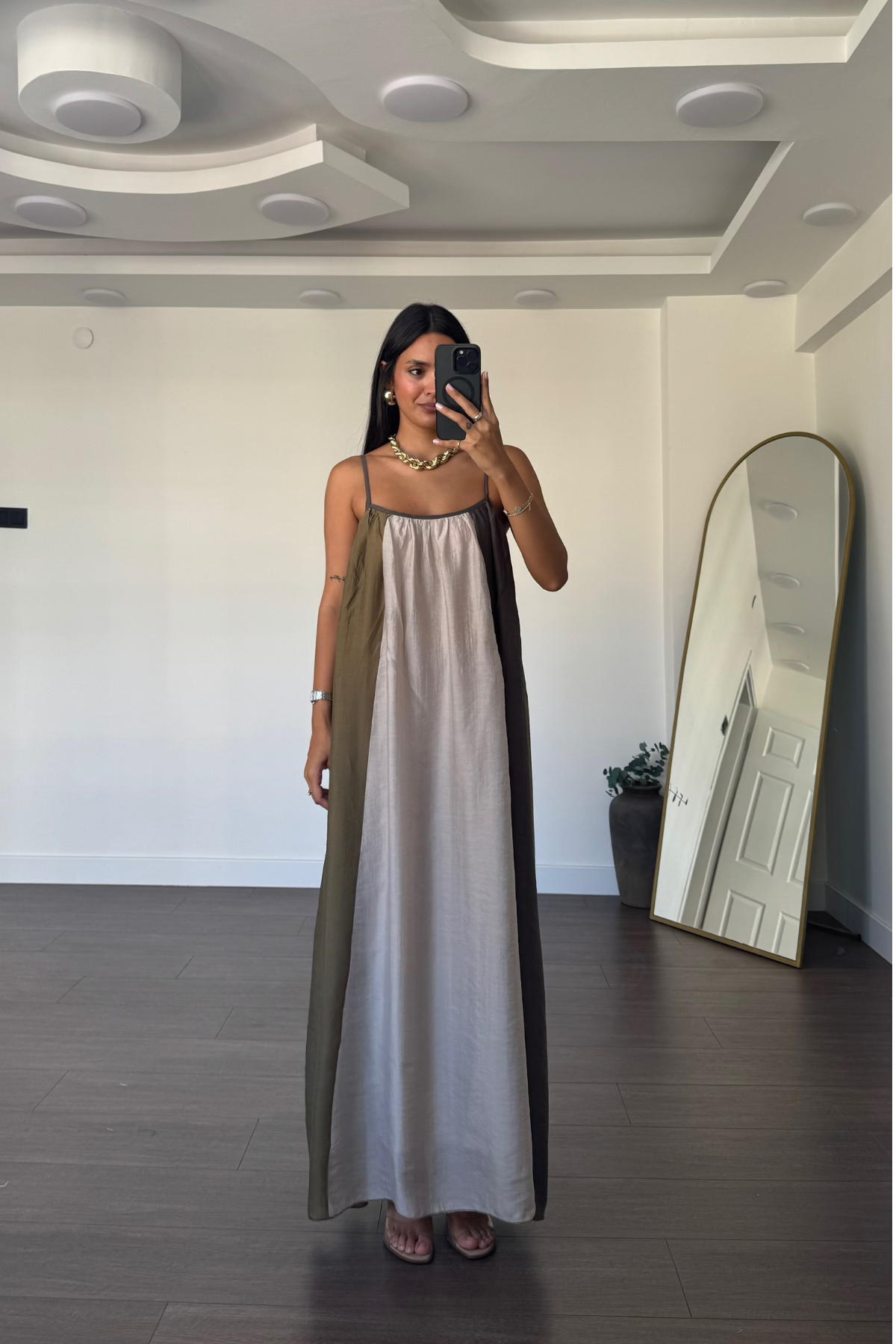 Desenli Askılı Elbise