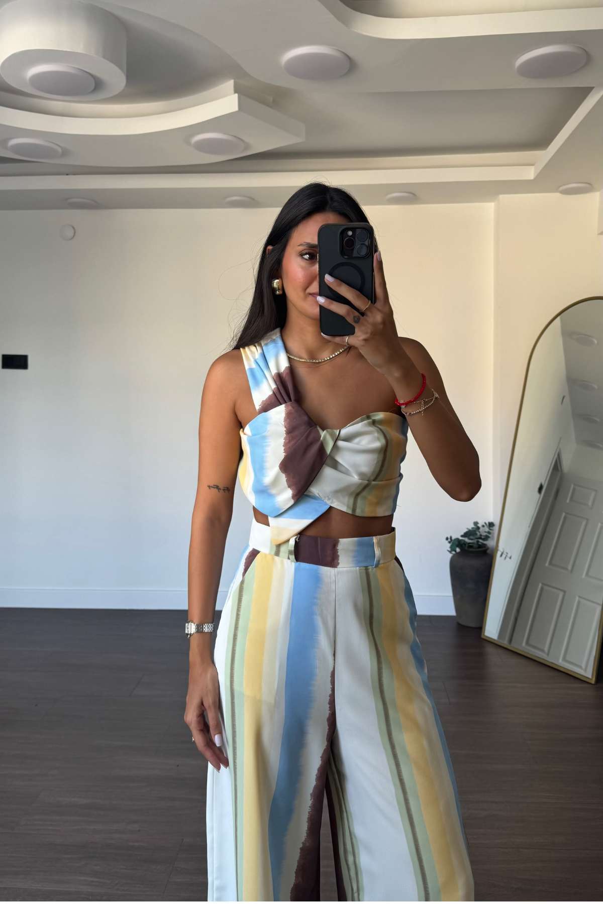 Desenli Bluz Pantolon Takım-Ekru
