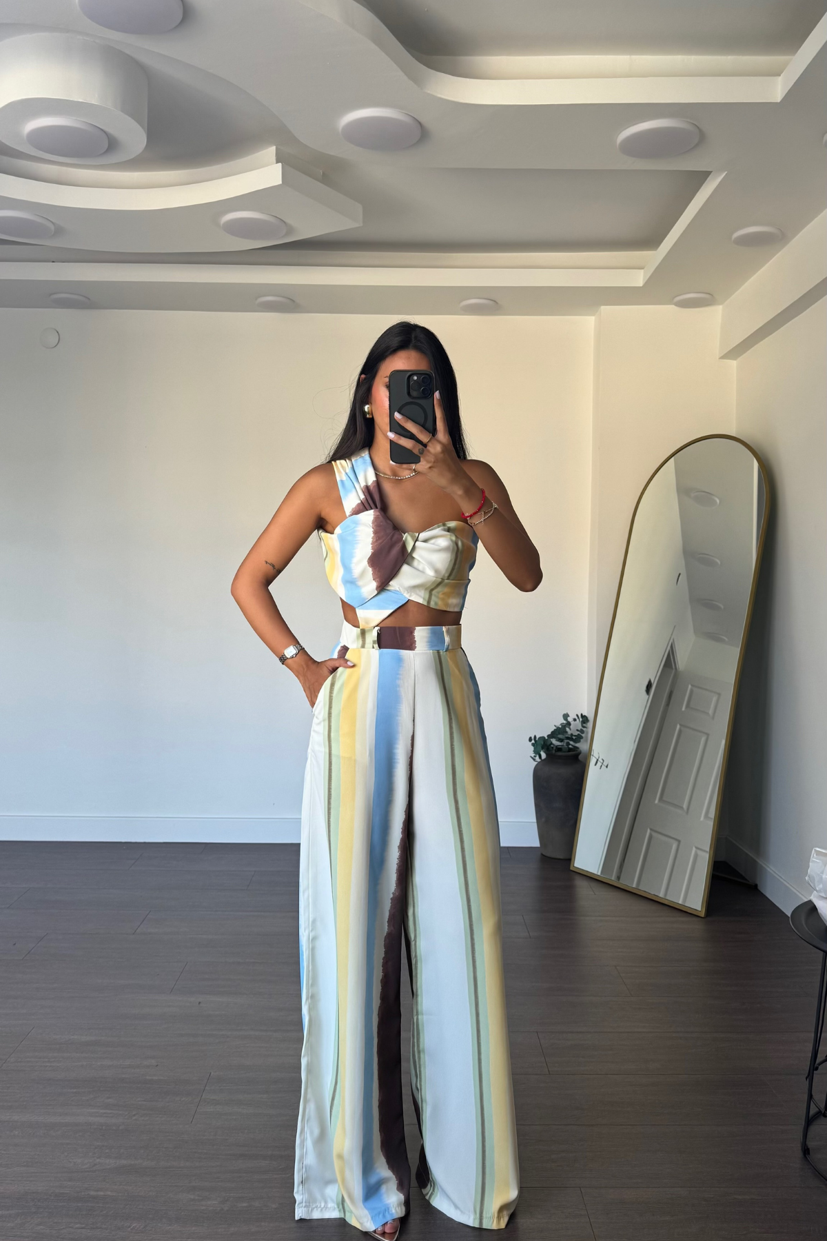 Desenli Bluz Pantolon Takım-Ekru