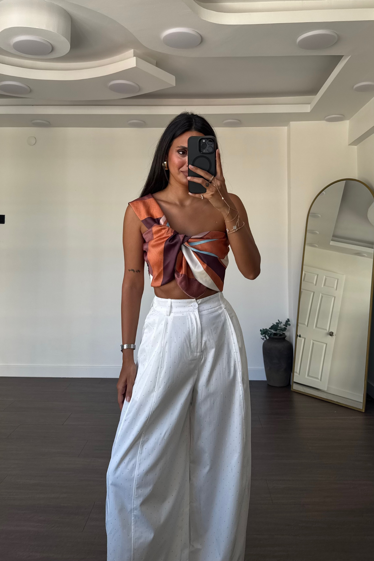 Desenli Crop Top-Kahve