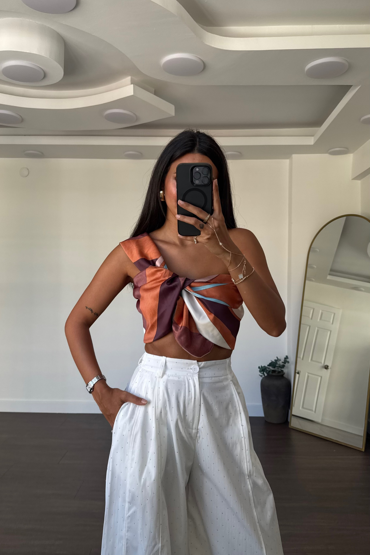 Desenli Crop Top-Kahve