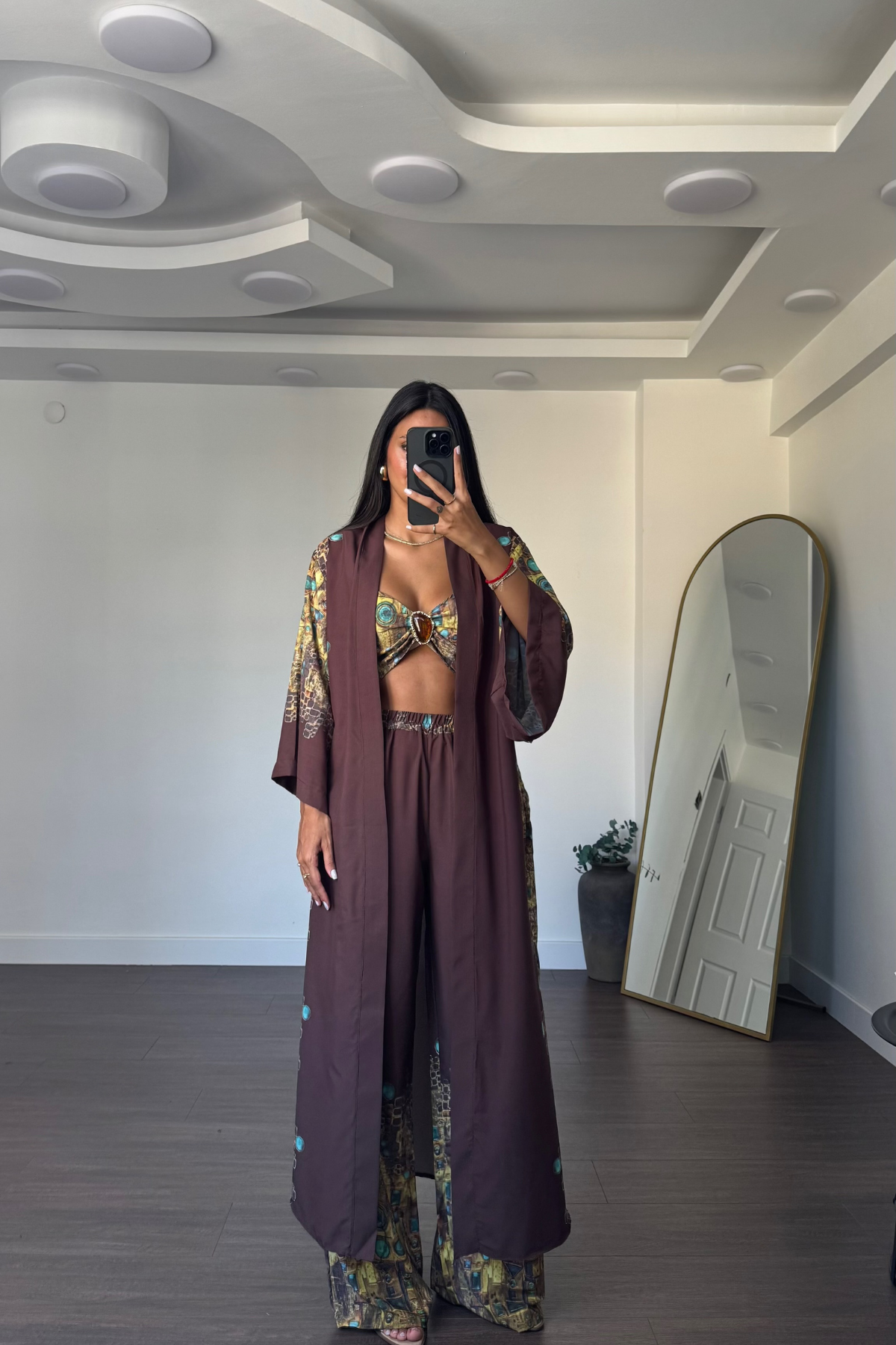 Desenli Kimono Üçlü Takım-Kahve