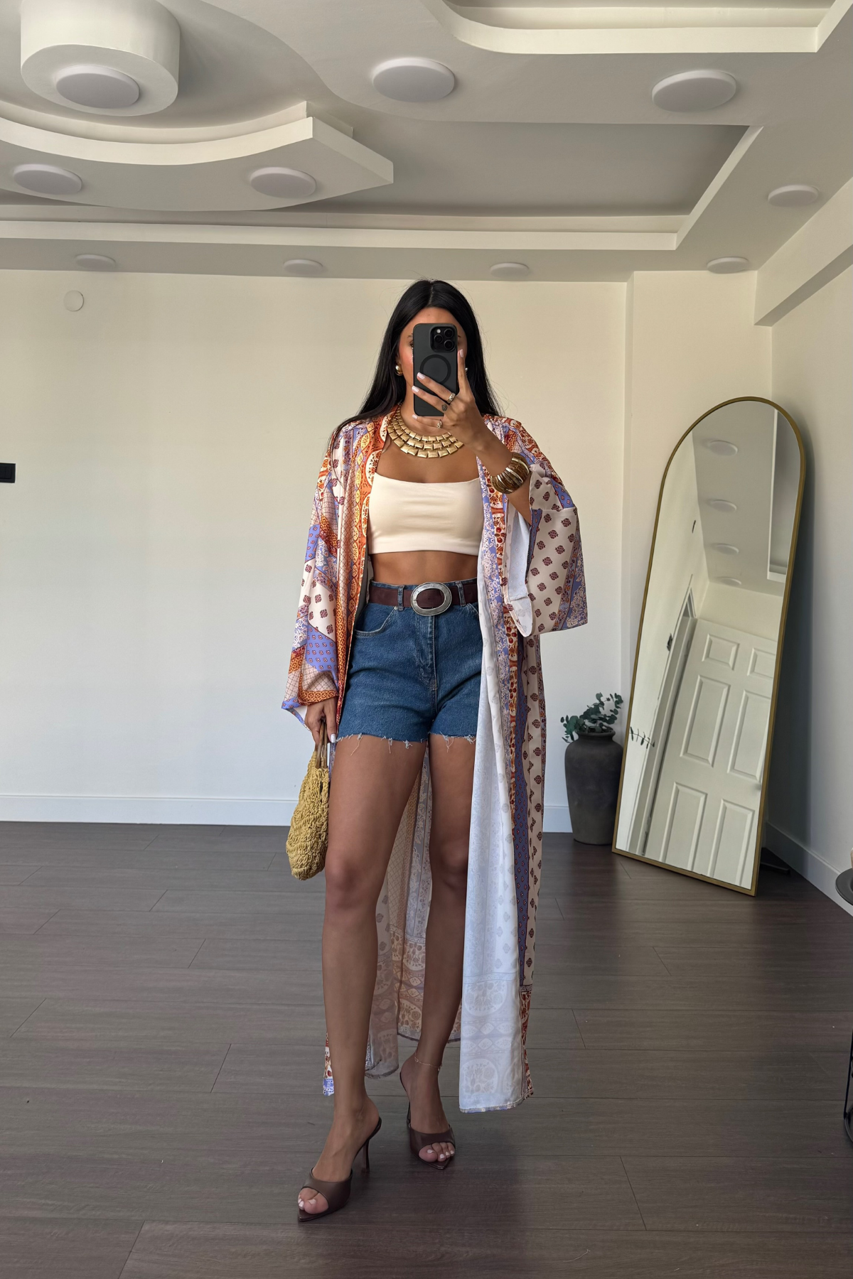 Desenli Saten Kimono