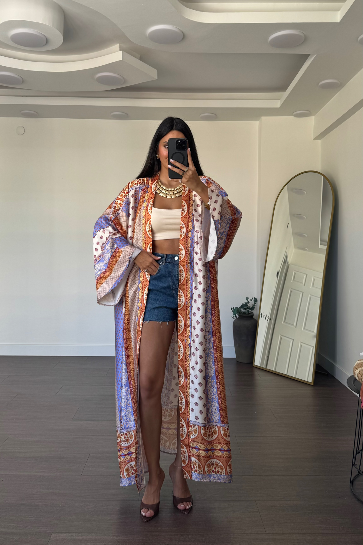 Desenli Saten Kimono