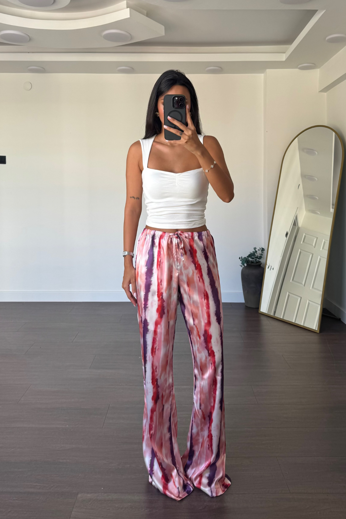Desenli Saten Pantolon-Pembe