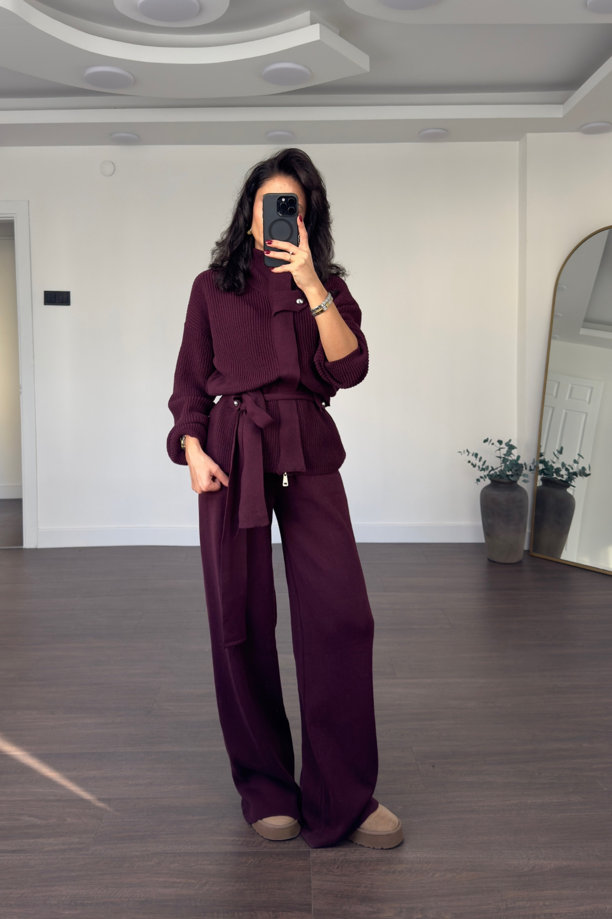 Dik Yaka Kuşaklı Takım-Bordo