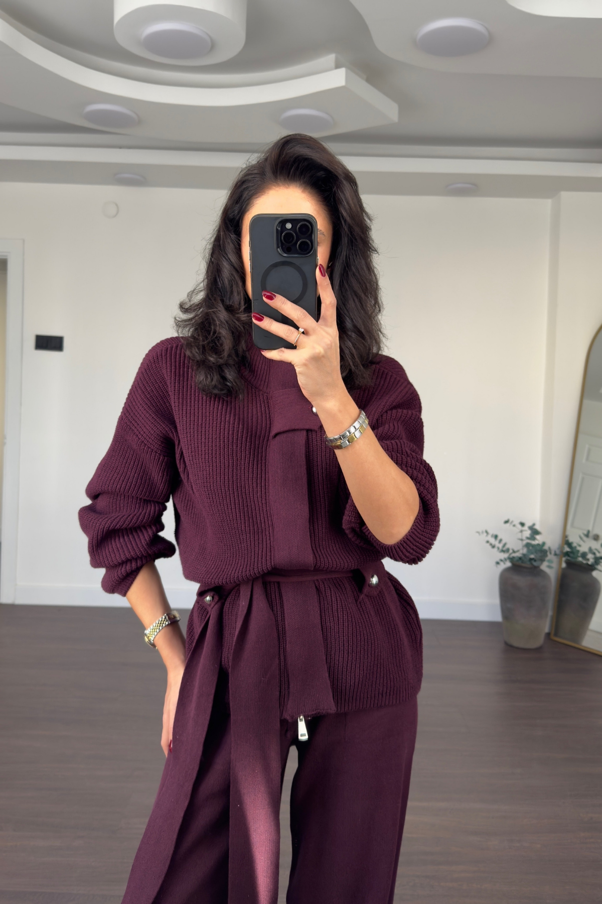 Dik Yaka Kuşaklı Takım-Bordo