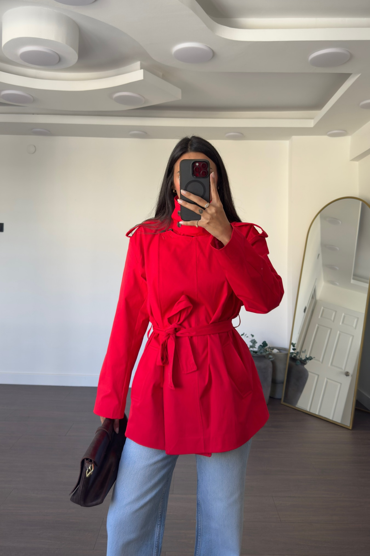 Dik Yaka Kuşaklı Trençkot-Kırmızı