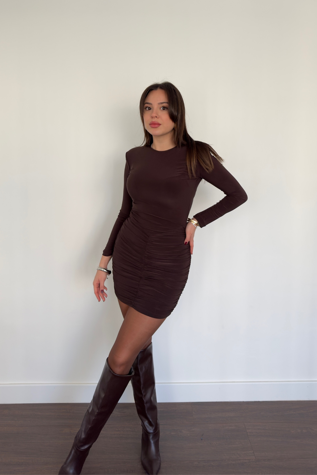 Drape Detay Mini Elbise-Kahve