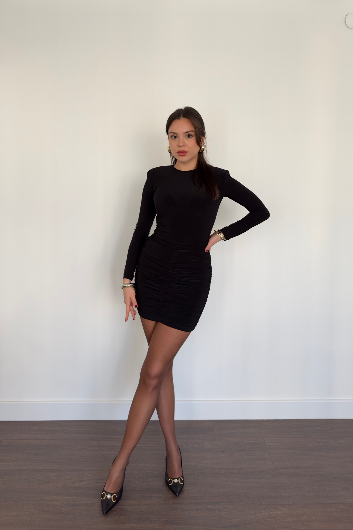 Drape Detay Mini Elbise-Siyah