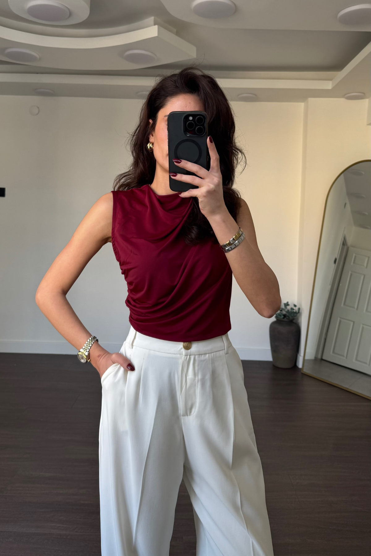 Drapeli Aksesuar Detaylı Bluz-Bordo