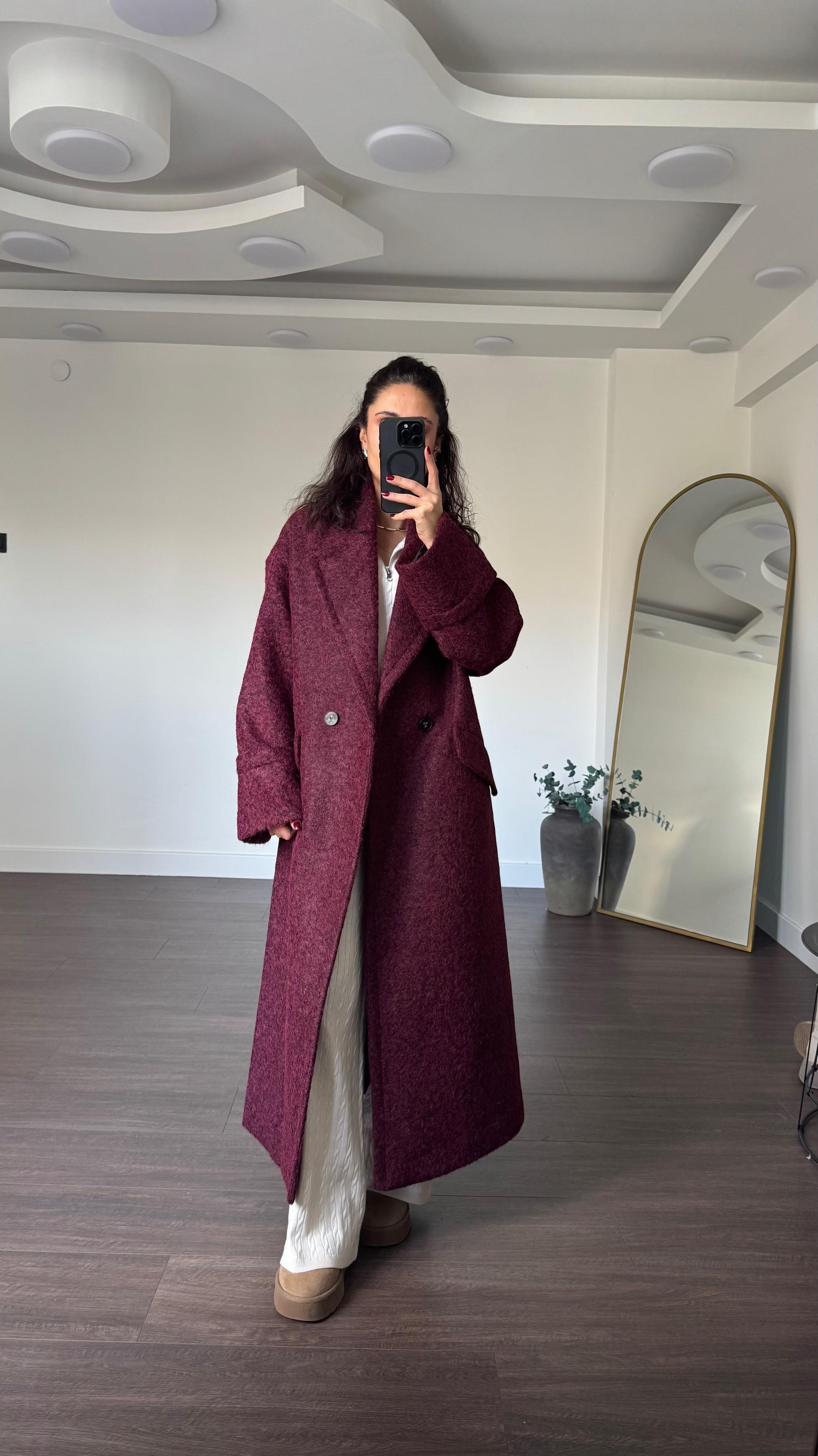 Duble Kol Astarlı Uzun Kaban-Bordo