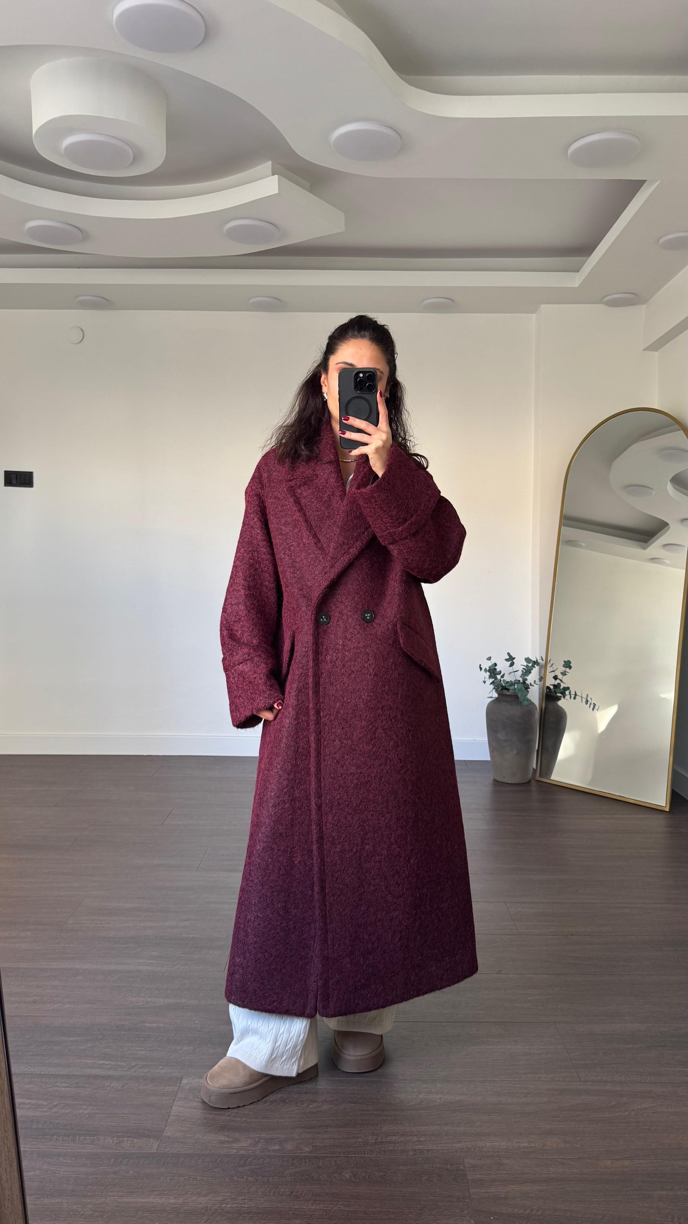Duble Kol Astarlı Uzun Kaban-Bordo