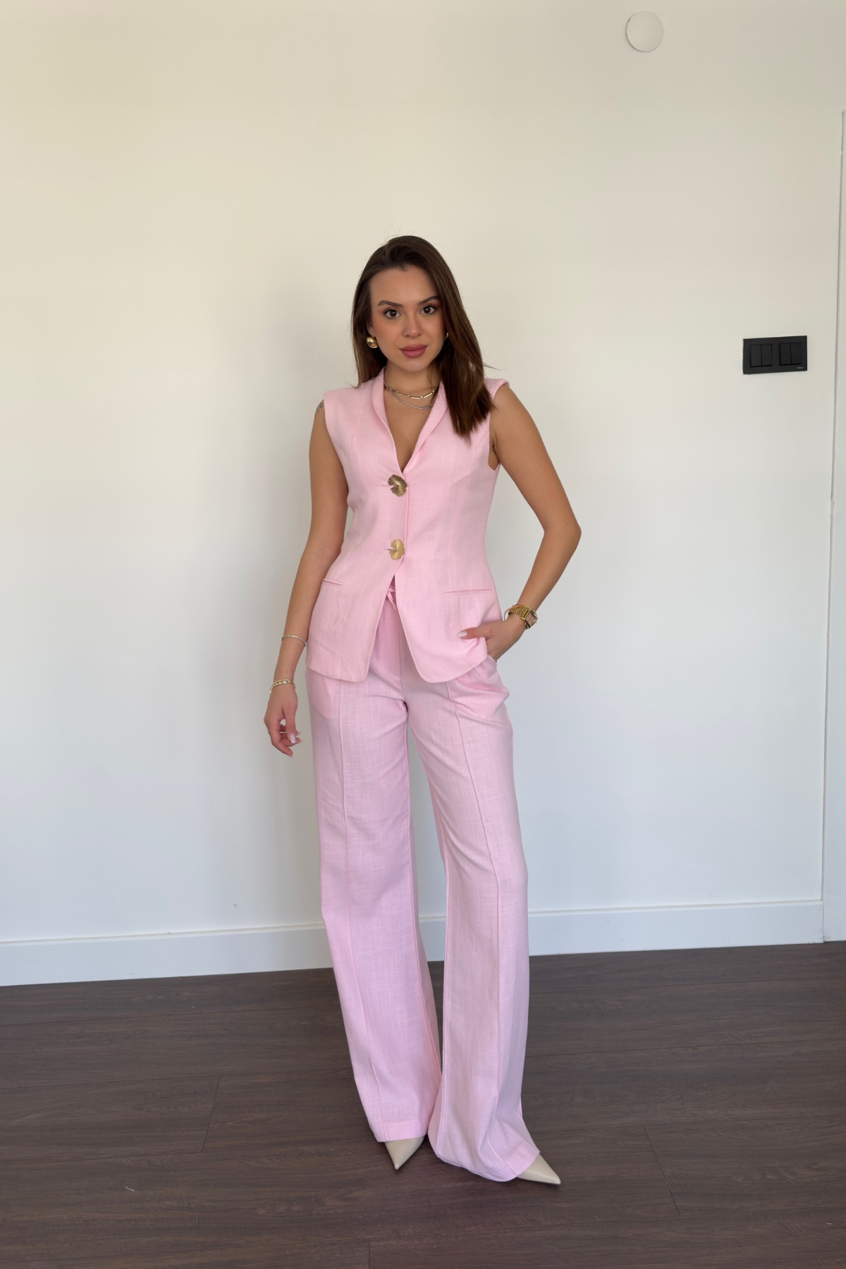 Düğme Detaylı Yelek Pantolon Takım-Pembe