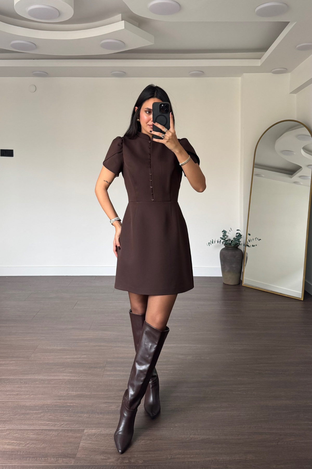 Düğmeli Lale Kol Elbise-Kahve